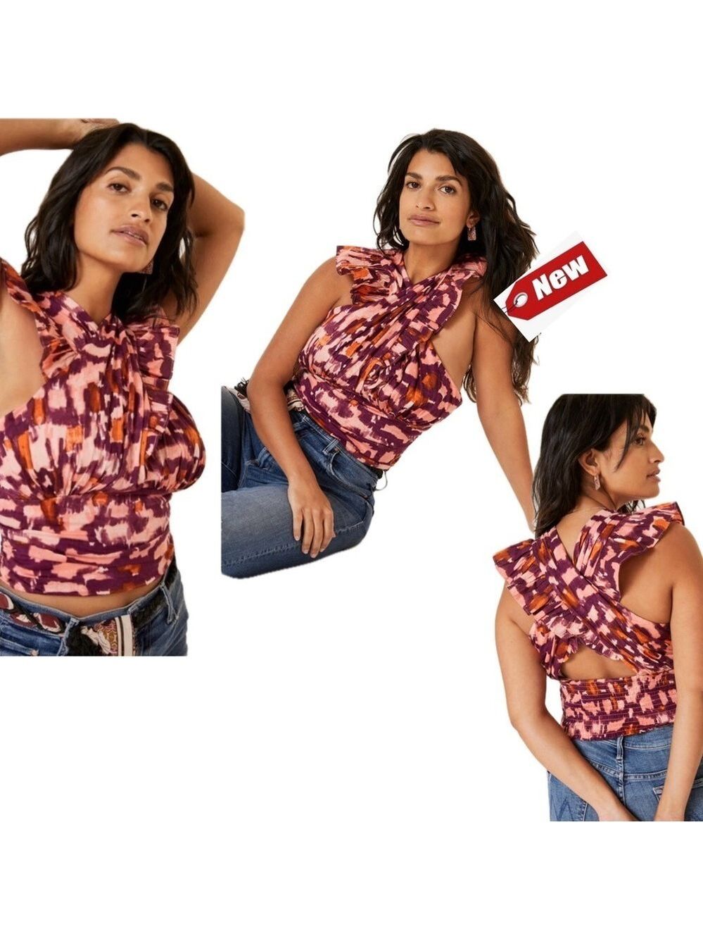 Anthropologie ruffle frill pleated smocked crisscross halter top blouse XL NWT